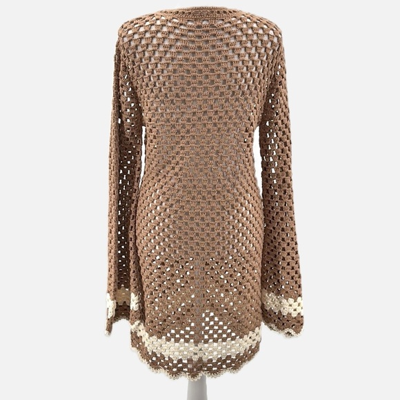 LPA Lanita Open Crochet Cotton Mini Dress/Cover Up in Tan & Ivory - Size Small - Picture 4 of 7